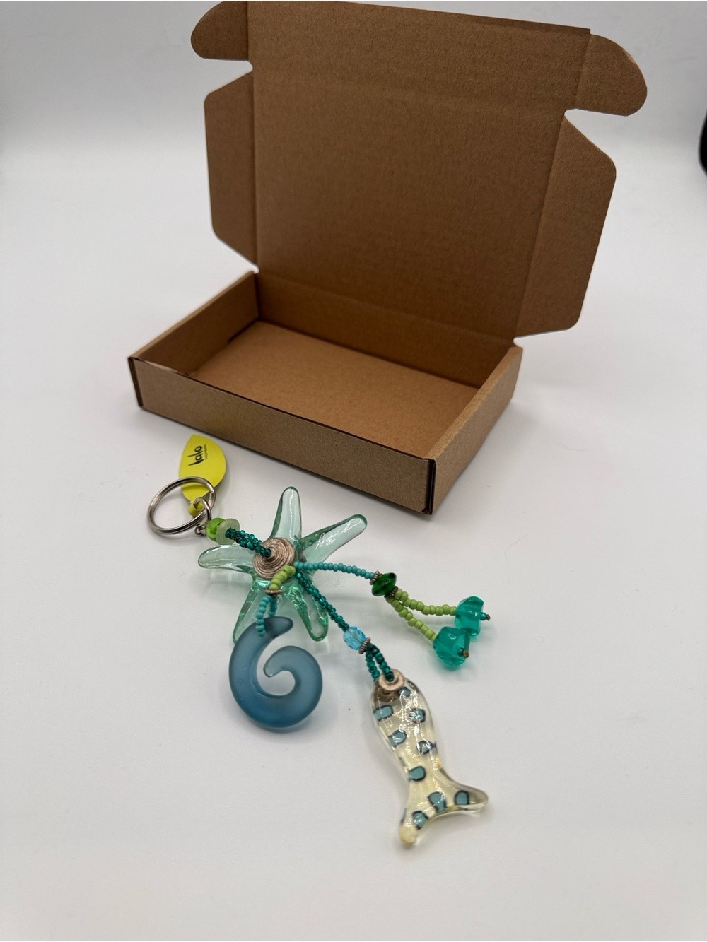 Lalo Handmade Teal Coastal Glass Keychain with Starfish and Fish Charms